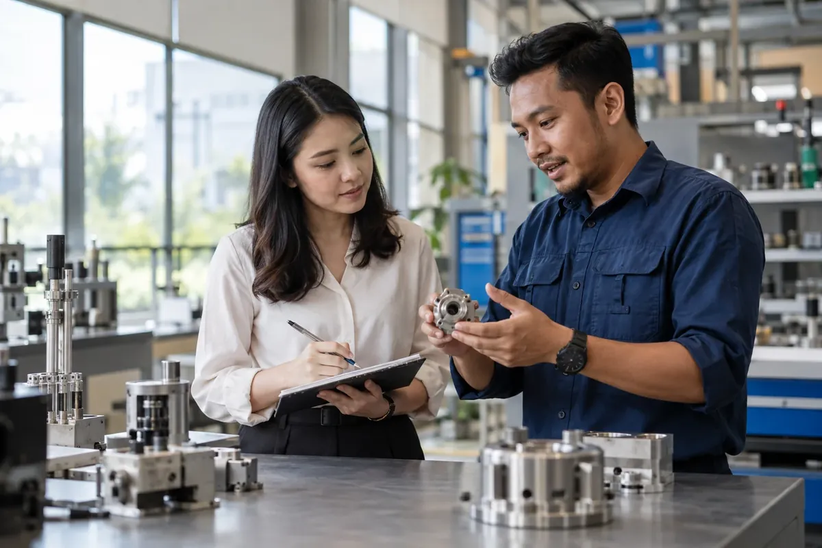 Illustrative scene of a researcher discussing industry information with a professional.