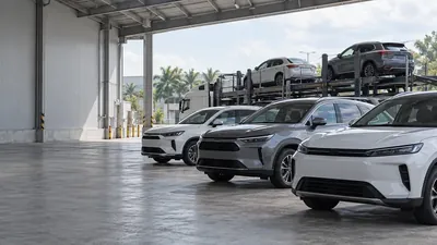 Conceptual illustration of unbranded vehicles in a covered logistics area