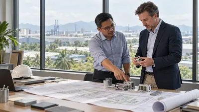 Illustrative scene of advisers reviewing a manufacturing site plan and local production capability samples