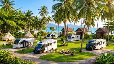 Illustrative scene of motorhomes and caravans at a tropical coastal campsite