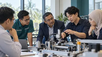 Illustrative scene of industry and institutional participants sharing knowledge around an automation demonstrator