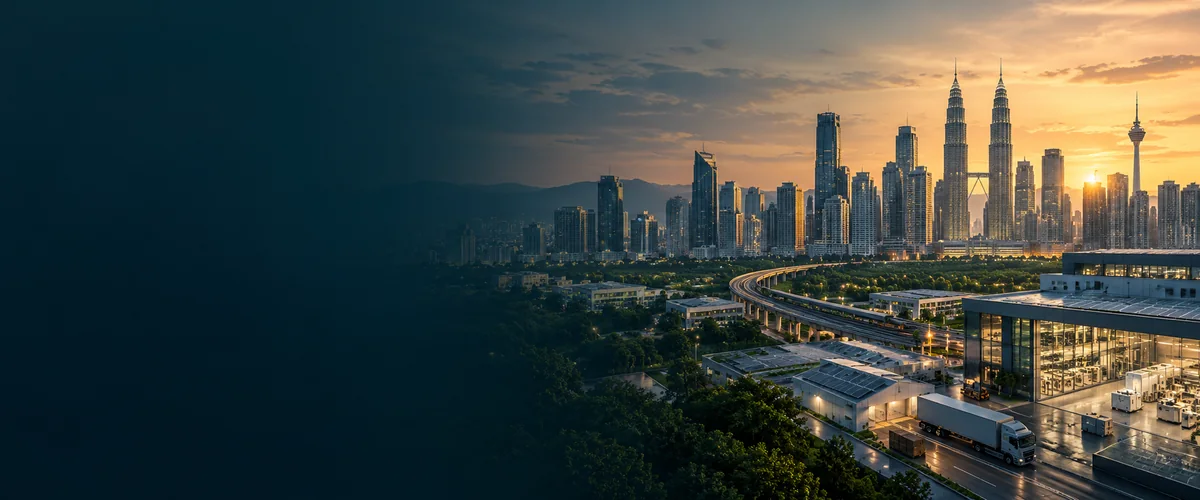 Illustrative Kuala Lumpur-inspired skyline with technology and industrial facilities, designed for an independent TAPiO Budget 2027 investor briefing.